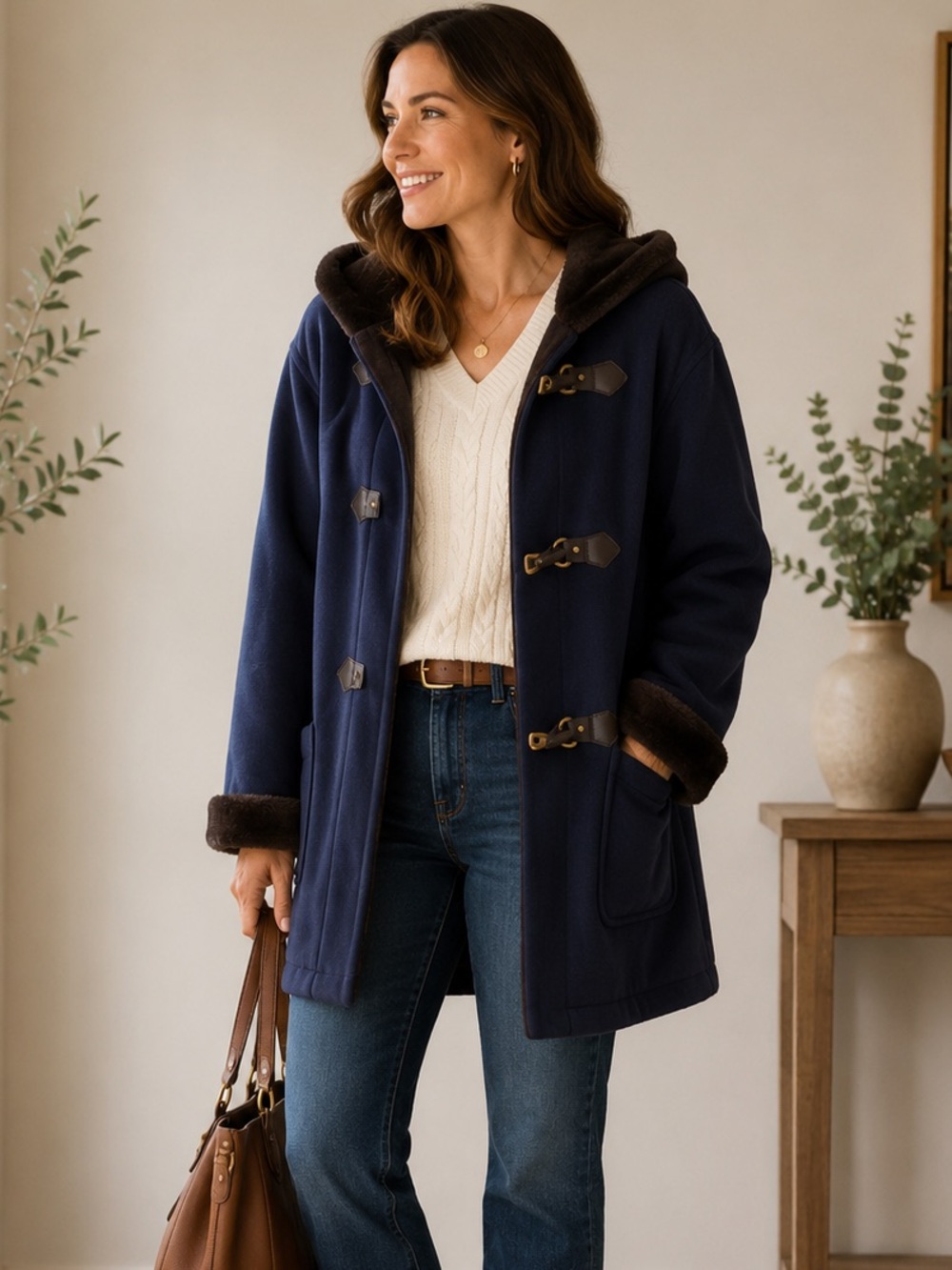 Ashley Scott navy hooded duffle coat faux fur trim wool blend made in usa